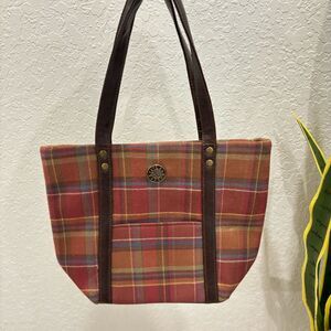 Longaberger Plaid Leather Trim Tote Purse Bag